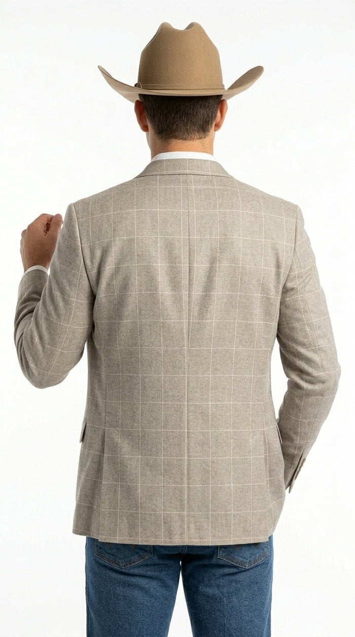 Men’s Light Tan Windowpane Plaid Western Blazer, Cowboy Sport Coat for Business Casual and Summer Events