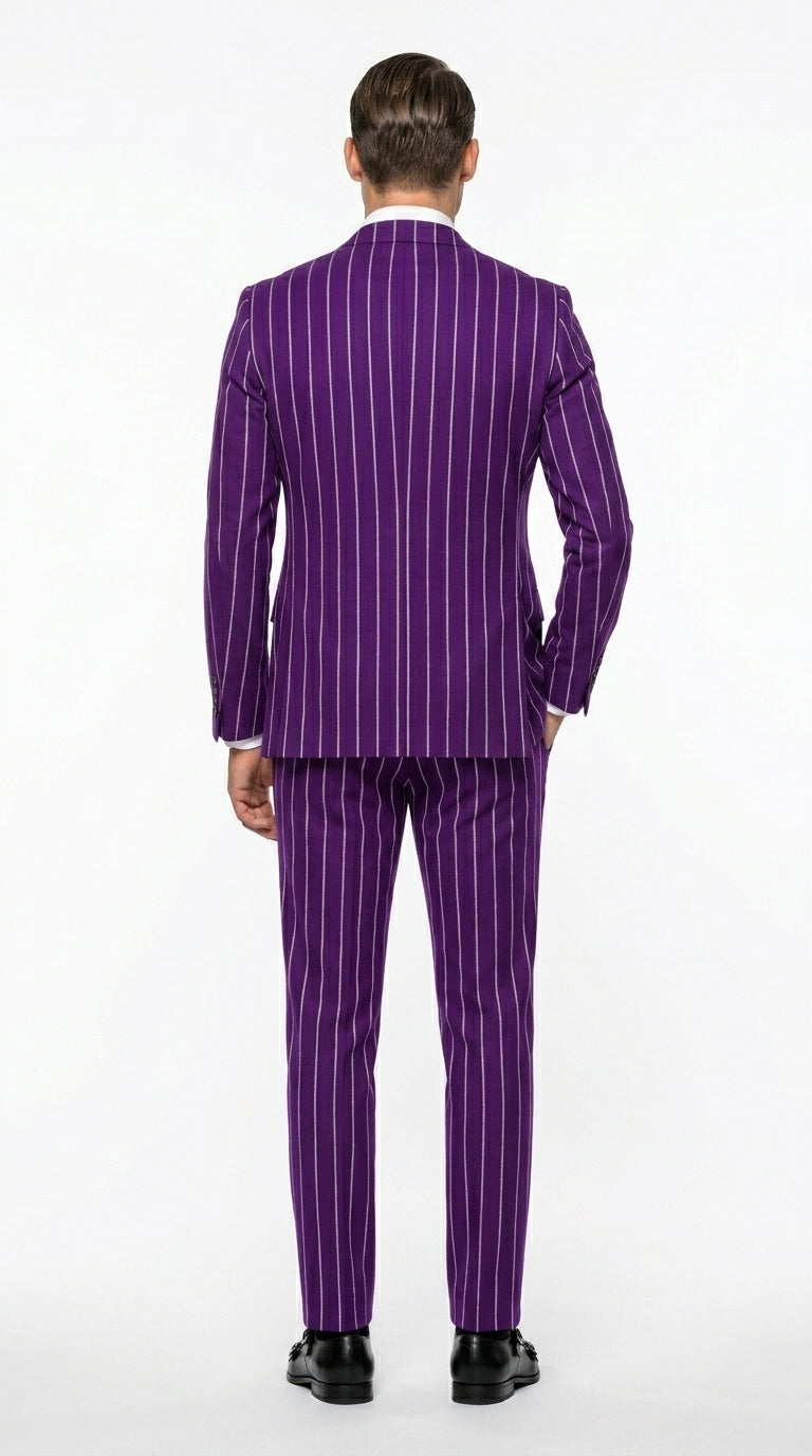 Men’s Purple Pinstripe 1920s Gangster Suit, Vintage Formal 3 Piece Wedding Prom Suit Set