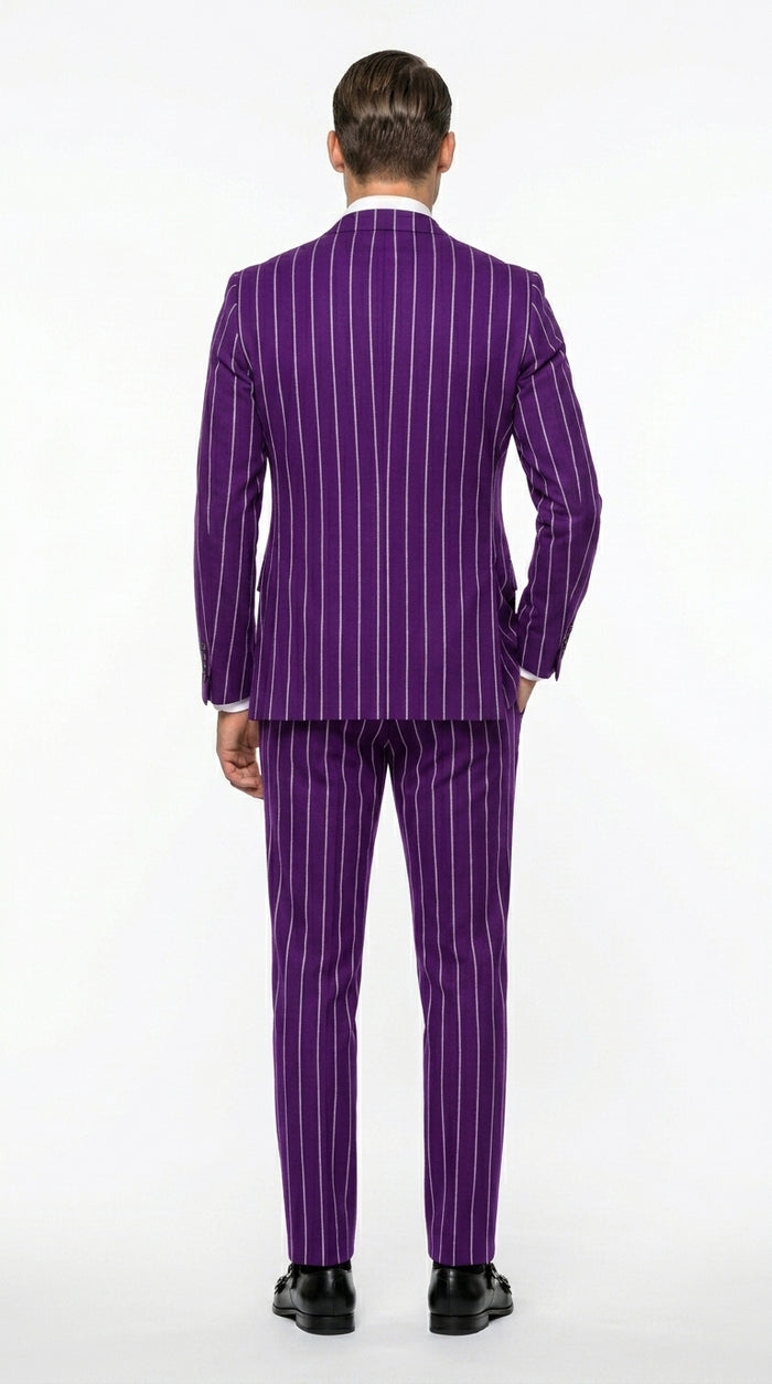 Men’s Purple Pinstripe 1920s Gangster Suit, Vintage Formal 3 Piece Wedding Prom Suit Set