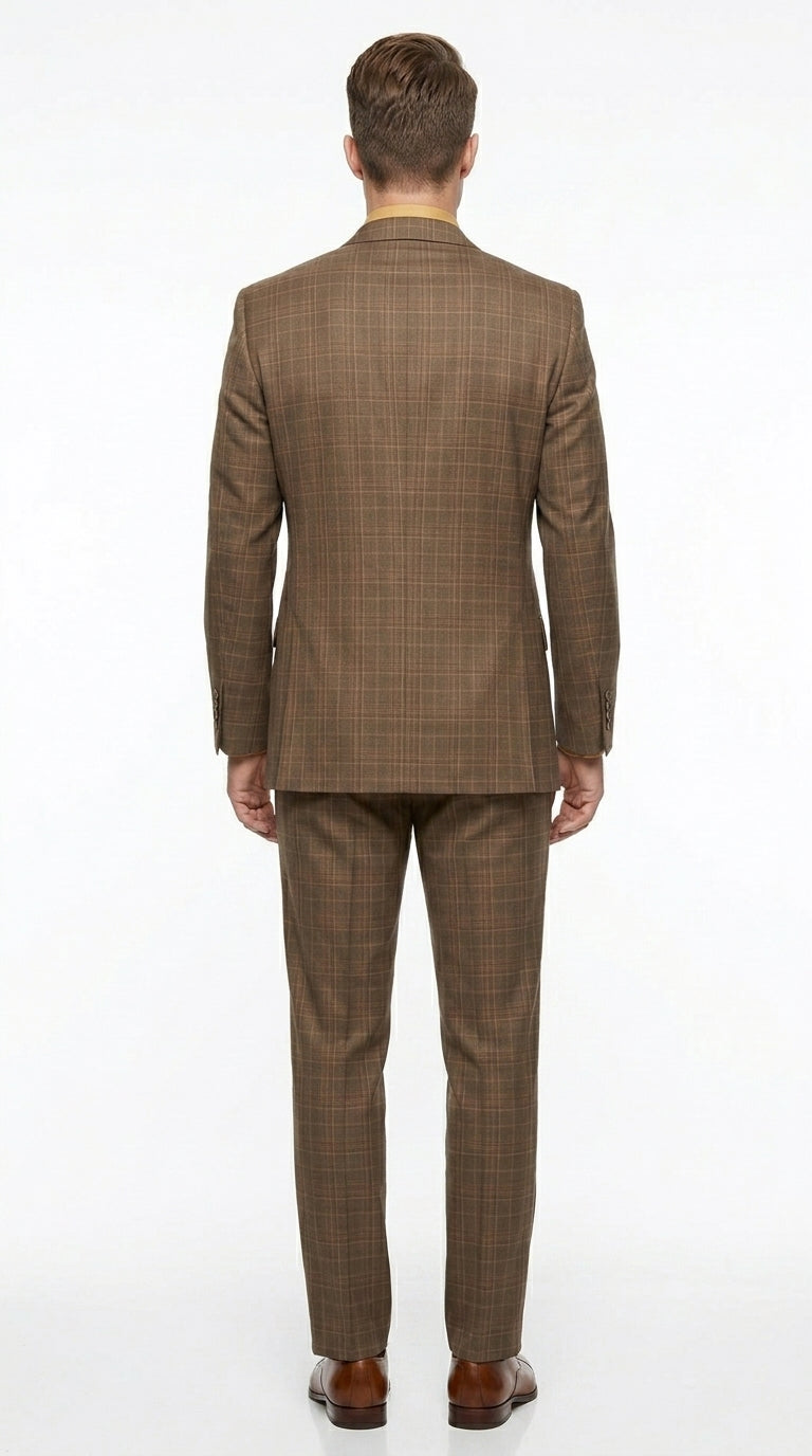 Men’s Brown Windowpane Plaid 3 Piece Suit, Two Button Peak Lapel Classic Formal Suit Set