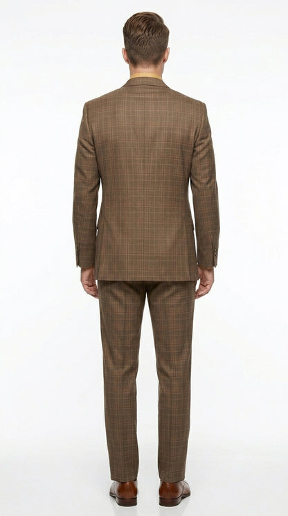 Men’s Brown Windowpane Plaid 3 Piece Suit, Two Button Peak Lapel Classic Formal Suit Set