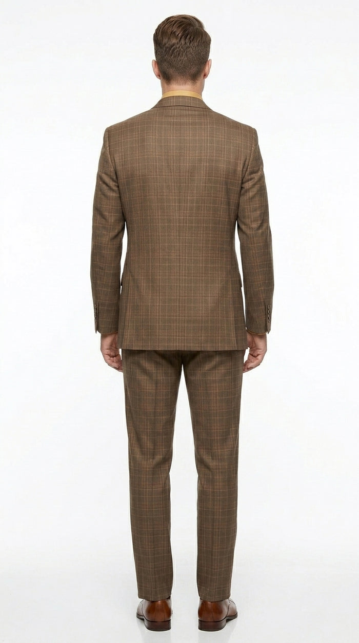 Men’s Brown Windowpane Plaid 3 Piece Suit, Two Button Peak Lapel Classic Formal Suit Set