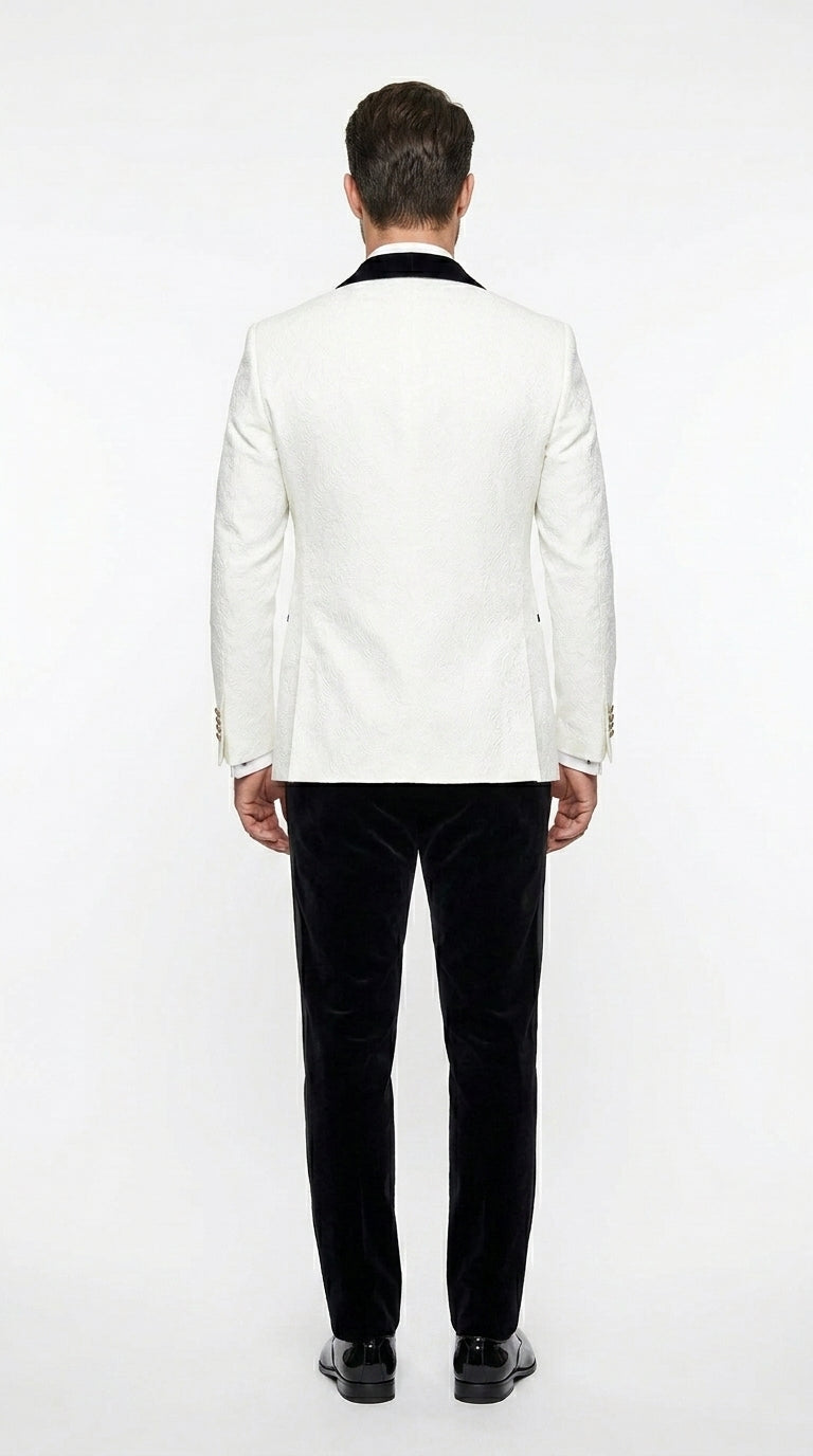 Men’s White Paisley 4 Piece Groom Wedding Suit with Black Velvet Shawl Collar and Matching Bowtie