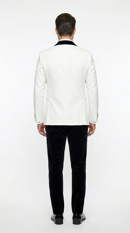 Men’s White Paisley 4 Piece Groom Wedding Suit with Black Velvet Shawl Collar and Matching Bowtie