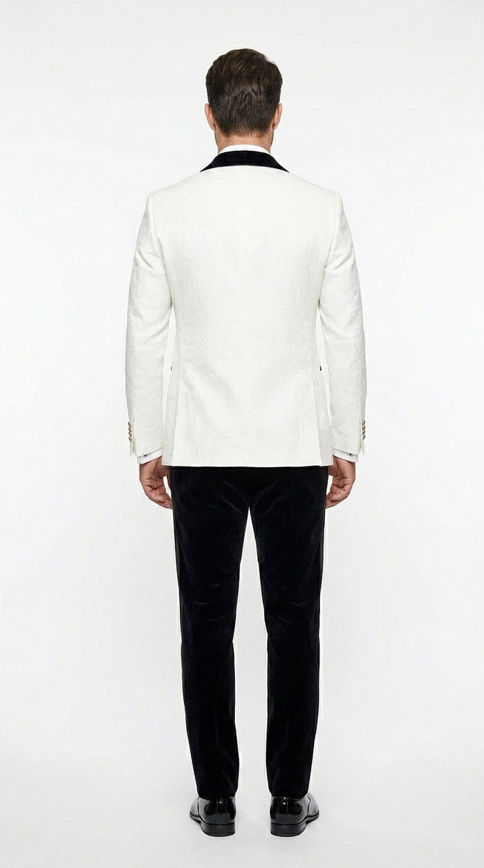 Men’s White Paisley 4 Piece Groom Wedding Suit with Black Velvet Shawl Collar and Matching Bowtie