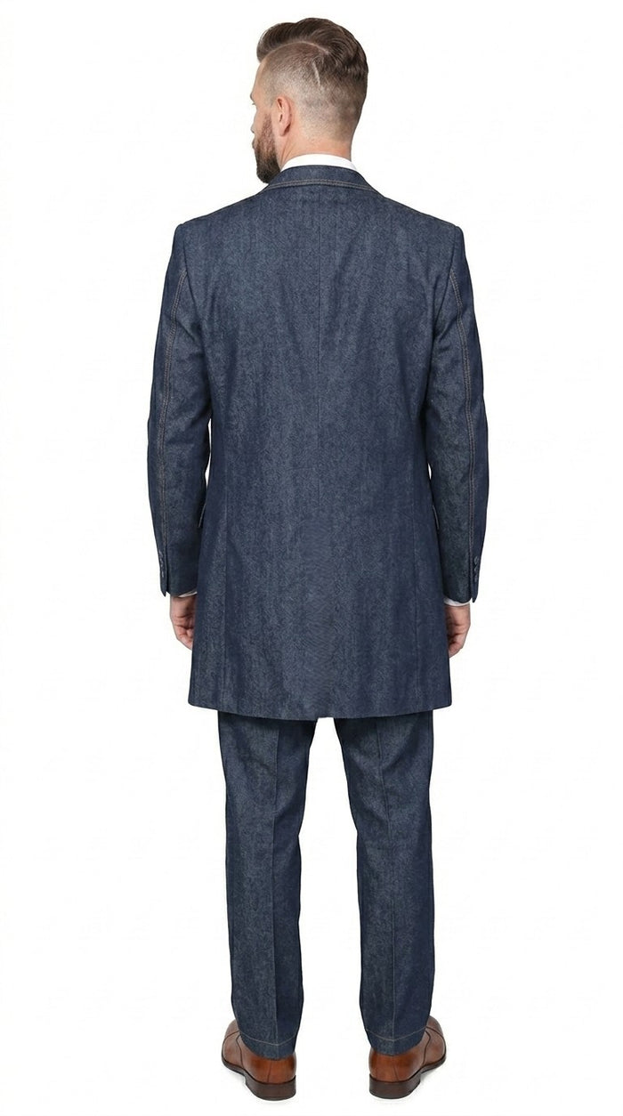 Men’s Blue Denim Zoot Suit, Long Vested Vintage Jeans Style Formal Suit Set