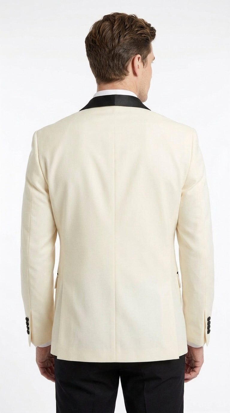 Men’s Ivory and Black Dinner Jacket, One Button Contrast Shawl Collar Formal Tuxedo Blazer