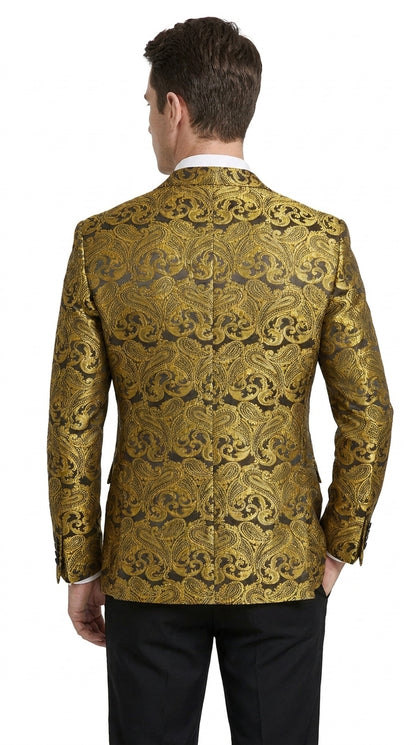 Men’s Gold Paisley Dinner Jacket Blazer – Fancy Formal Wedding Prom Party Tuxedo Jacket