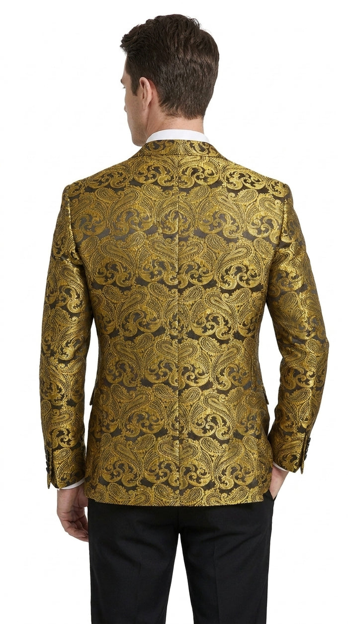 Men’s Gold Paisley Dinner Jacket Blazer – Fancy Formal Wedding Prom Party Tuxedo Jacket