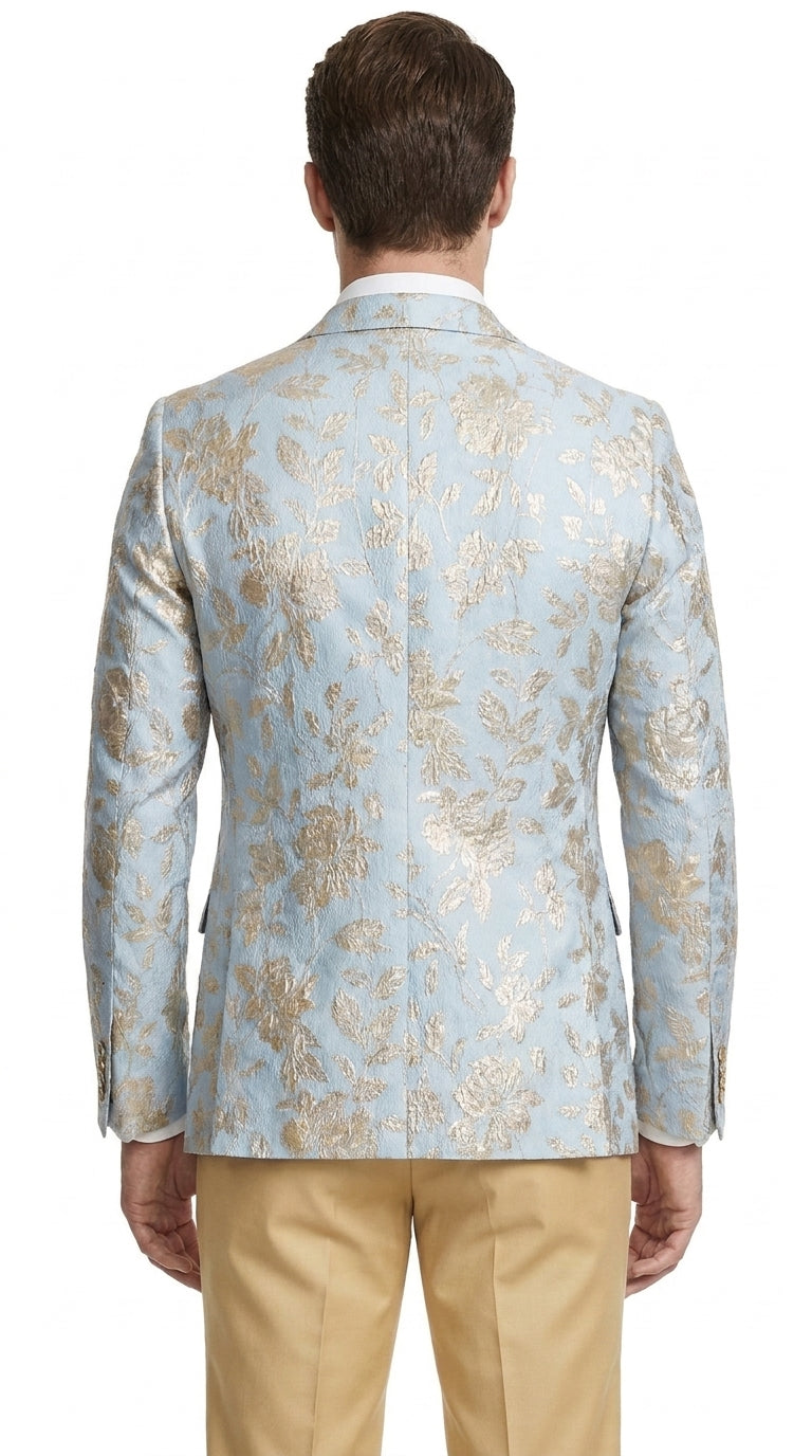Men’s Sky Blue and Silver Foil Paisley Blazer, 2 Button Prom Wedding Party Dinner Jacket