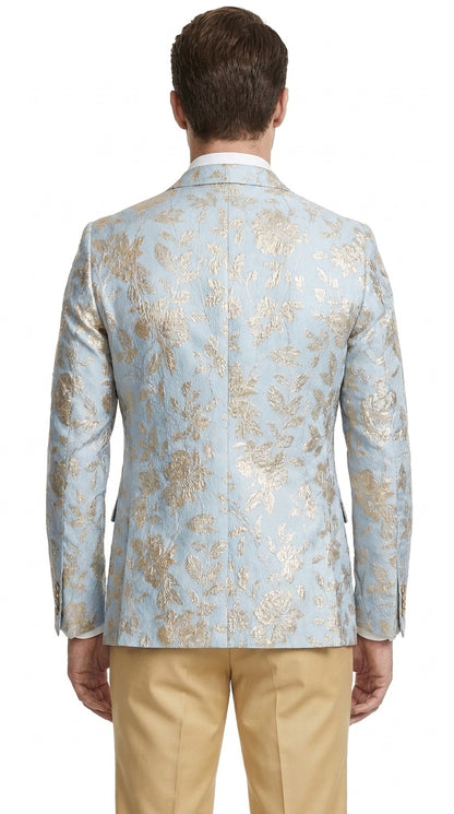 Men’s Sky Blue and Silver Foil Paisley Blazer, 2 Button Prom Wedding Party Dinner Jacket