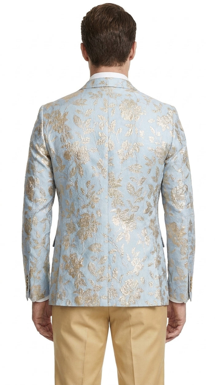 Men’s Sky Blue and Silver Foil Paisley Blazer, 2 Button Prom Wedding Party Dinner Jacket
