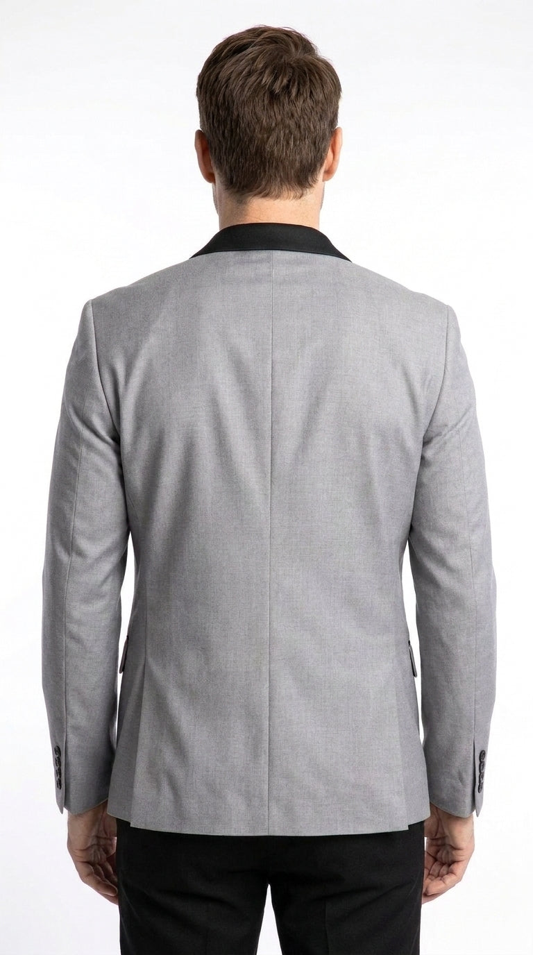 Men’s Light Grey Wool Dinner Jacket, 1 Button Black Shawl Lapel Formal Tuxedo Blazer