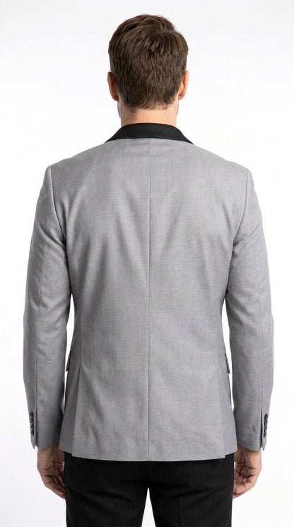 Men’s Light Grey Wool Dinner Jacket, 1 Button Black Shawl Lapel Formal Tuxedo Blazer
