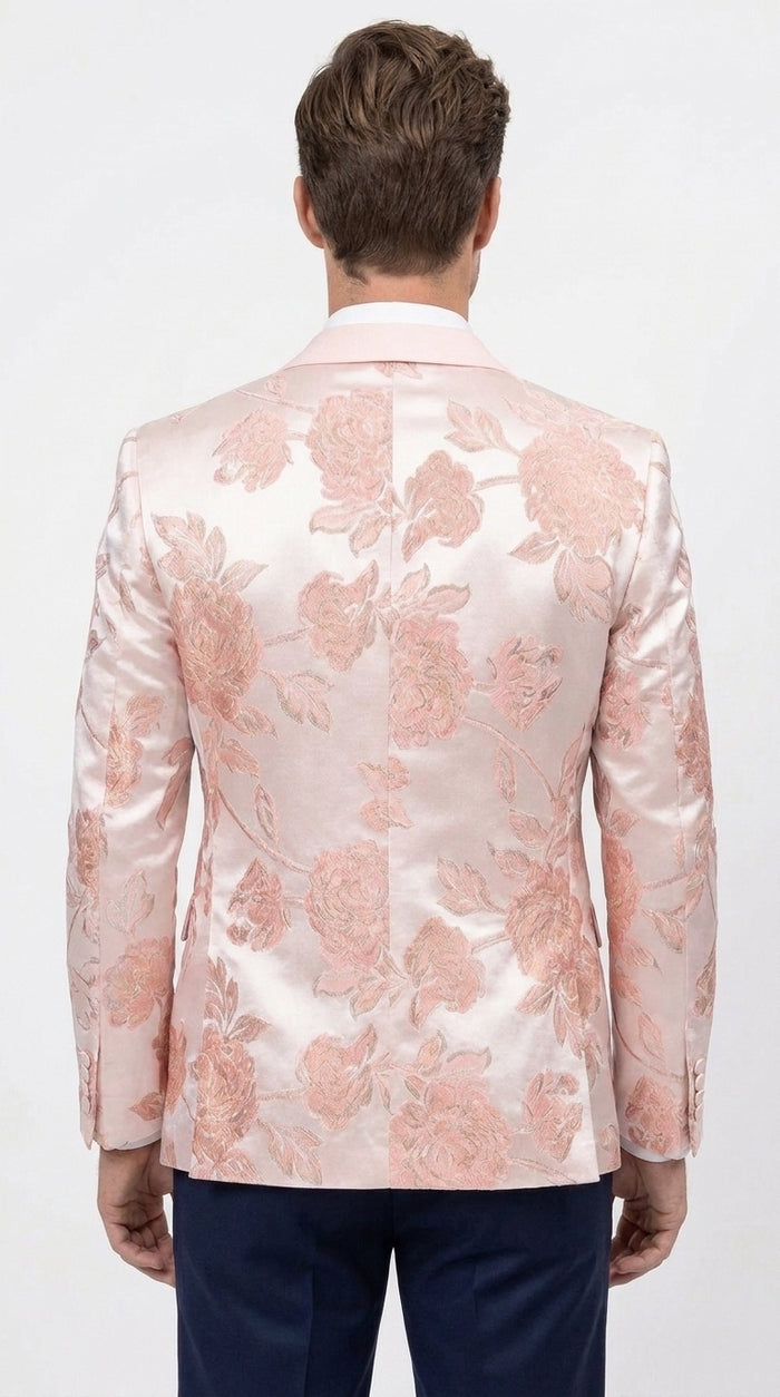 Men’s Pink Satin Paisley Prom Tuxedo Dinner Jacket, Floral Sport Coat Wedding Party Blazer