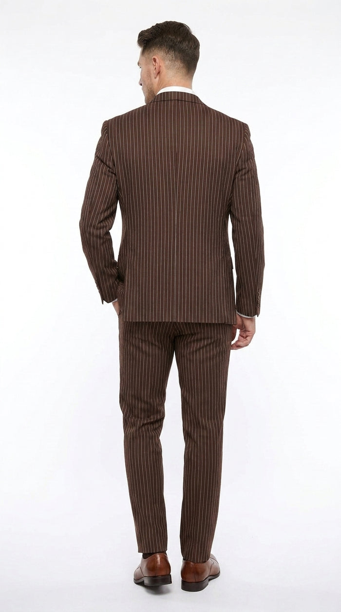 1920s Brown Pinstripe Suit for Men – 3 Piece Vintage Gangster Costume with Vest | Wide Pinstripe Classic Fit