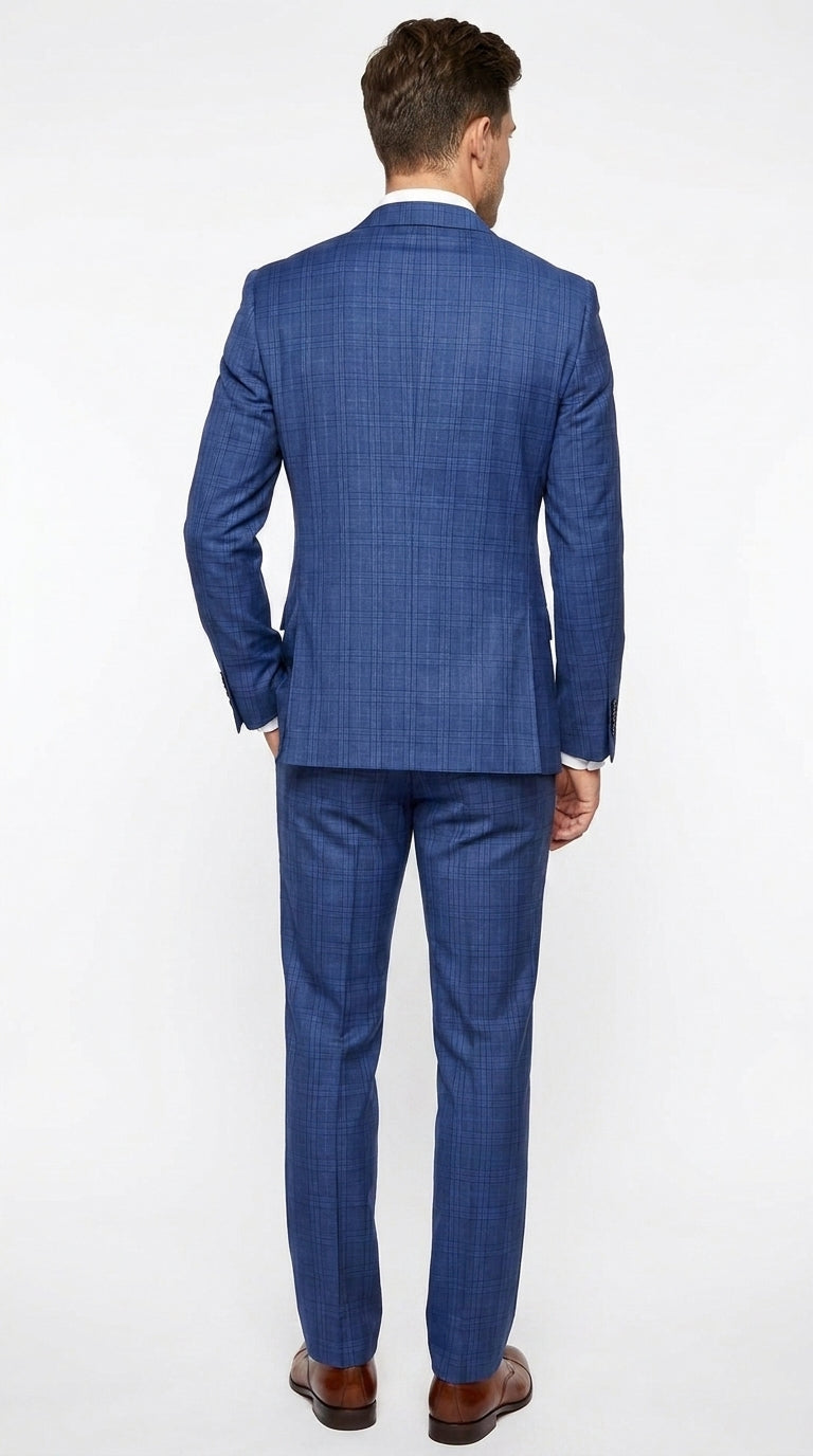 Men’s Royal Blue Plaid Double-Breasted Suit – 1920s Gangster Windowpane Wedding and Formal Suit