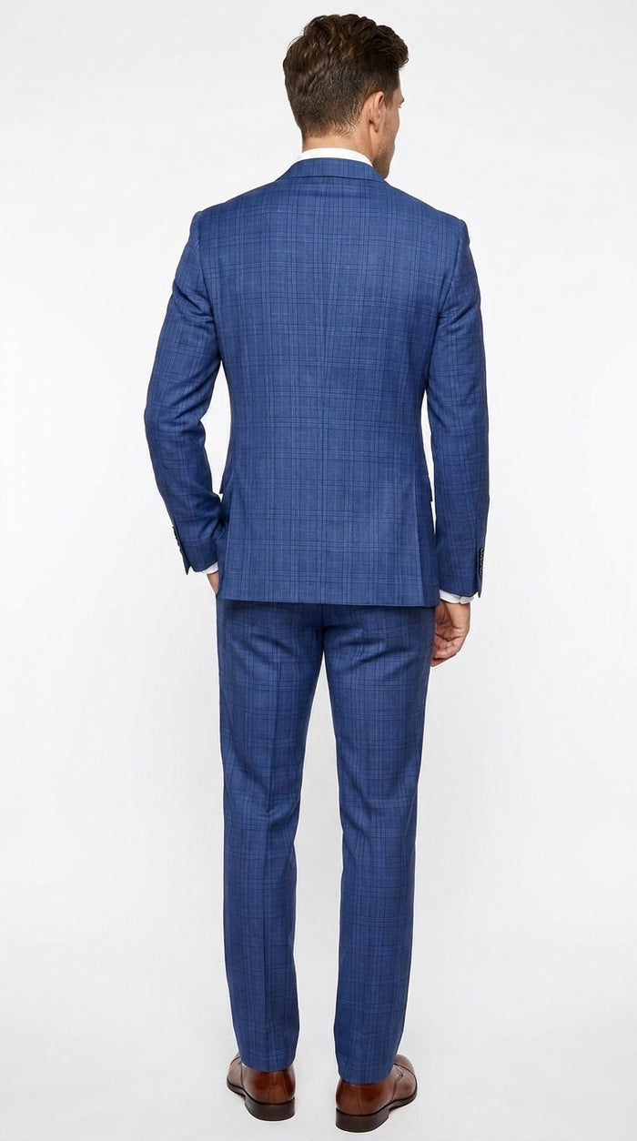 Men’s Royal Blue Plaid Double-Breasted Suit – 1920s Gangster Windowpane Wedding and Formal Suit
