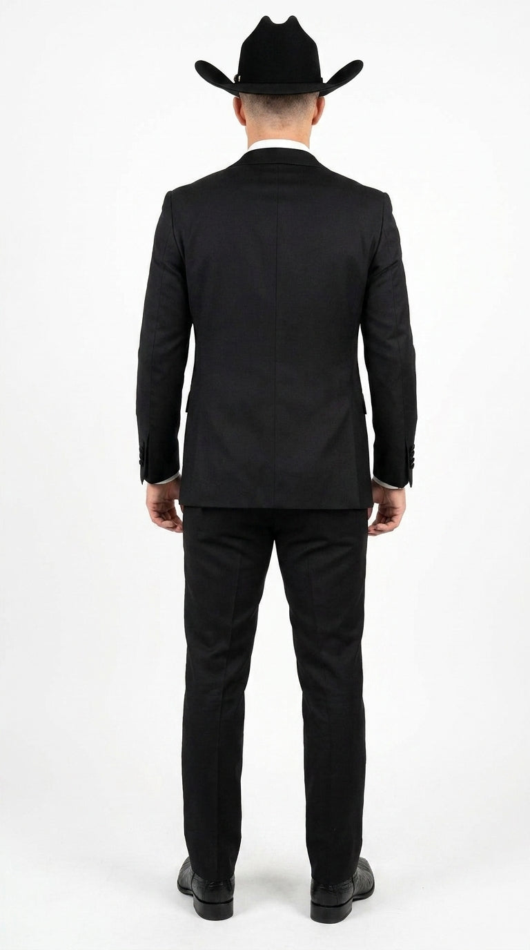 Men’s Black Western Tuxedo Suit – Satin Shawl Lapel Jacket with Double-Breasted Vest and Pants
