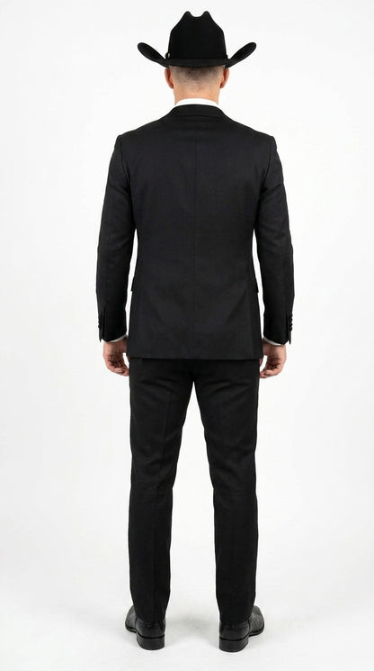 Men’s Black Western Tuxedo Suit – Satin Shawl Lapel Jacket with Double-Breasted Vest and Pants