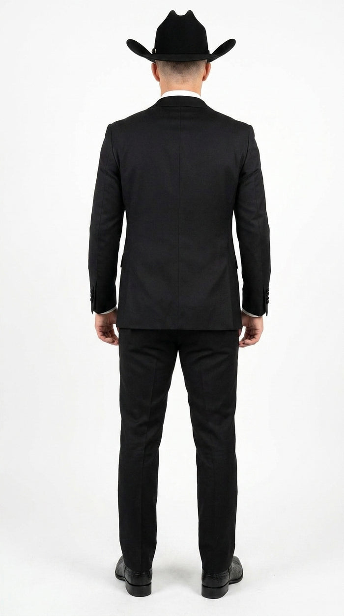 Men’s Black Western Tuxedo Suit – Satin Shawl Lapel Jacket with Double-Breasted Vest and Pants