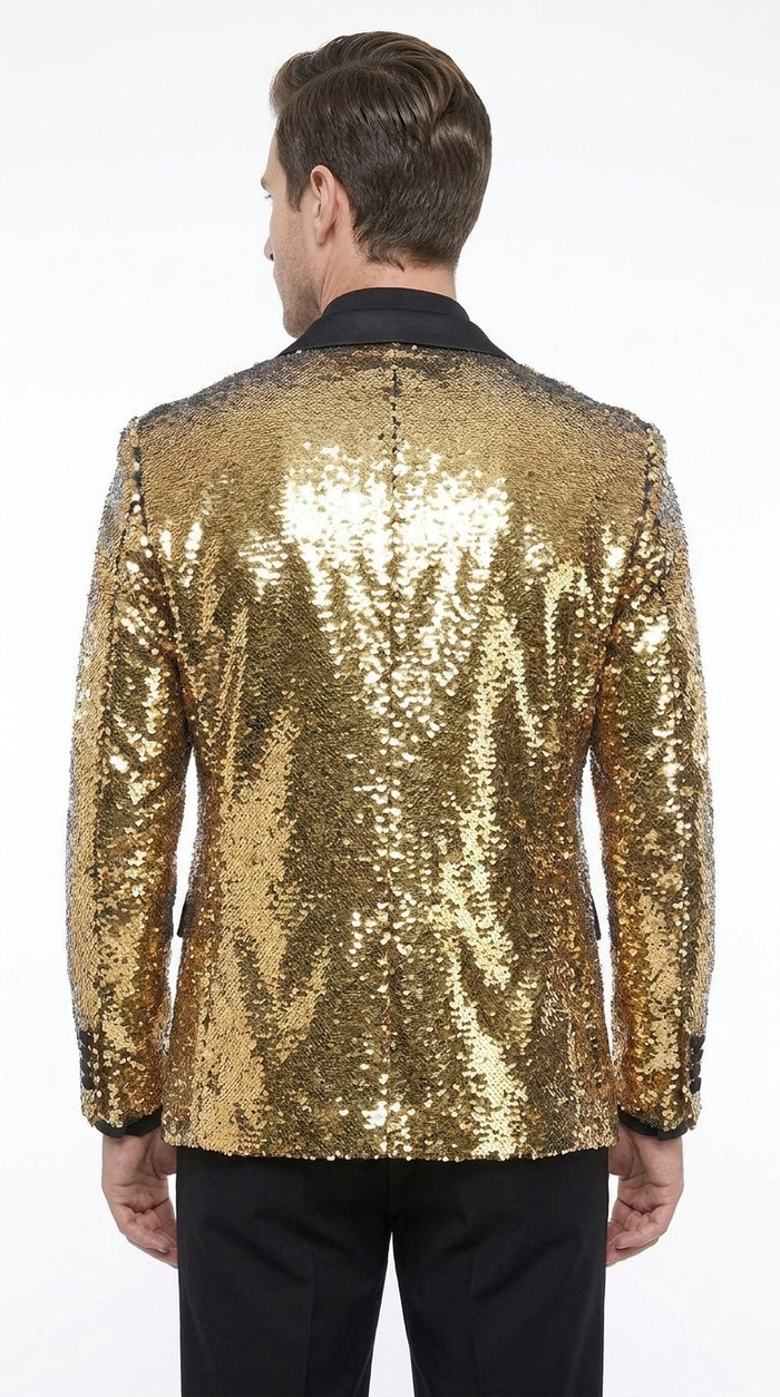 Men’s Gold and Black Sequin Tuxedo Jacket – Christmas, New Year, Prom and Party Dinner Blazer