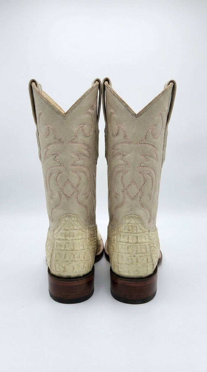 Men’s Winter White Caiman Tail Square Toe Cowboy Boots – Exotic Western Dress Boots