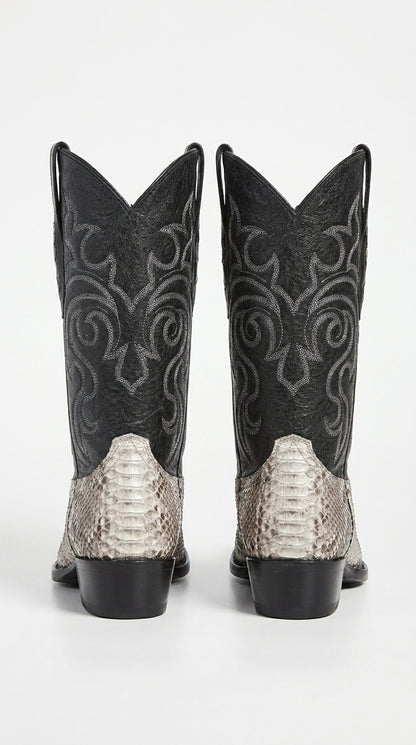 Men’s Natural Python Cowboy Boots – Exotic Snip Toe Western Dress Boots with Black Leather Shaft