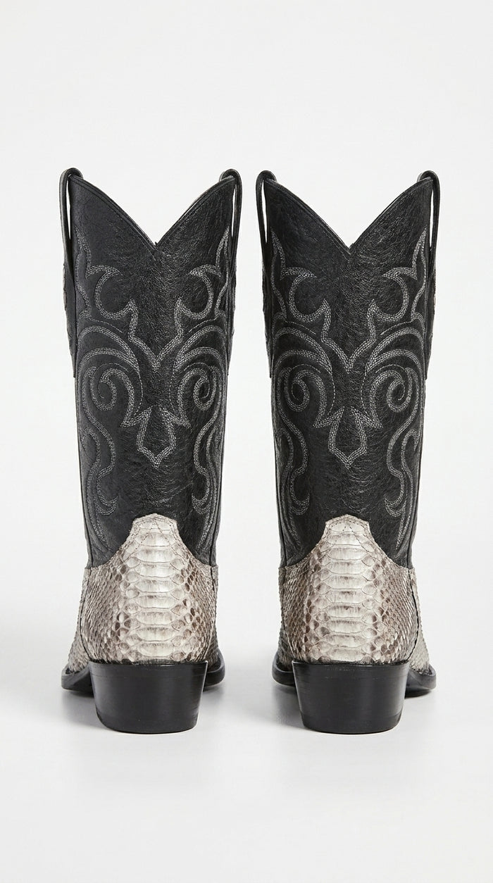 Men’s Natural Python Cowboy Boots – Exotic Snip Toe Western Dress Boots with Black Leather Shaft