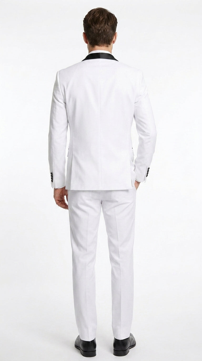 Men’s White 1-Button Shawl Lapel Tuxedo Jacket – Black Trim Wedding, Prom and Formal Dinner Blazer