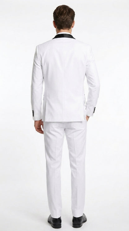 Men’s White 1-Button Shawl Lapel Tuxedo Jacket – Black Trim Wedding, Prom and Formal Dinner Blazer