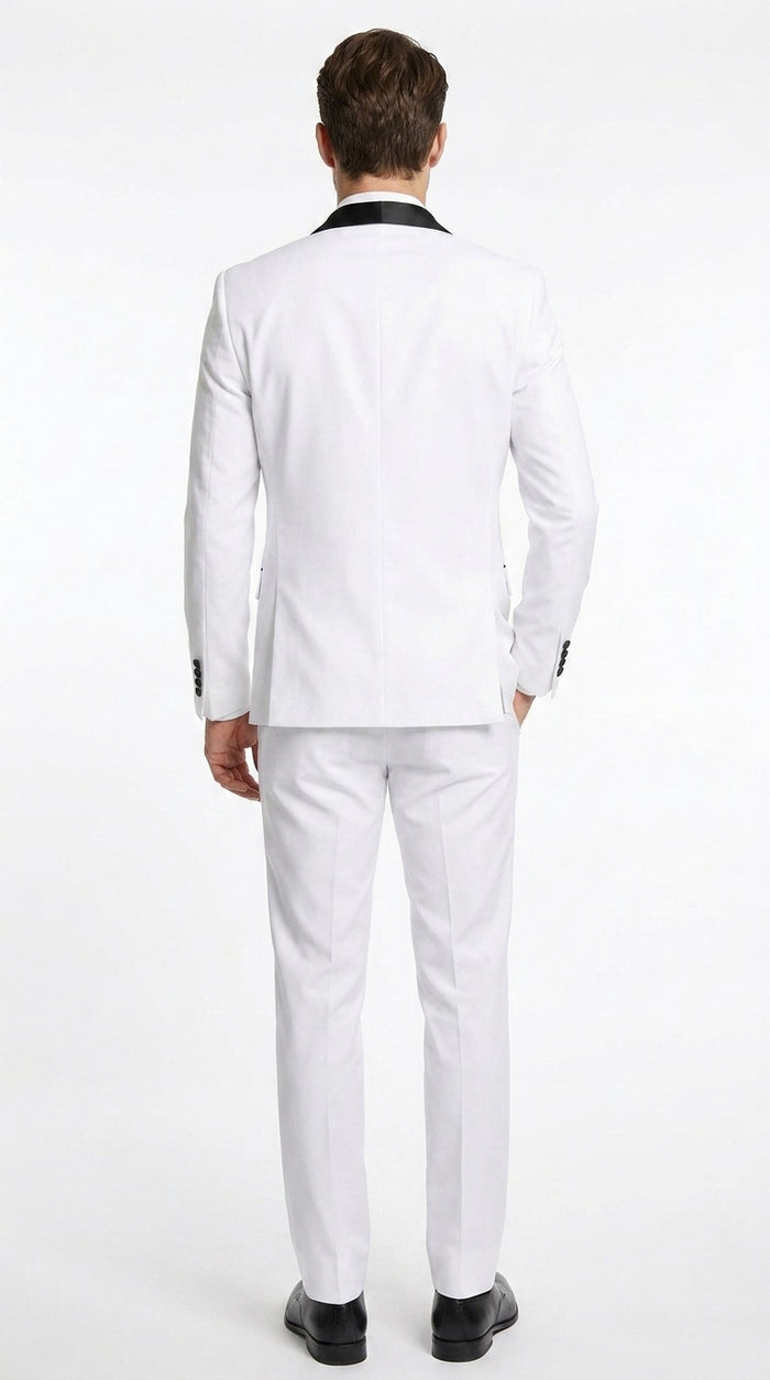 Men’s White 1-Button Shawl Lapel Tuxedo Jacket – Black Trim Wedding, Prom and Formal Dinner Blazer