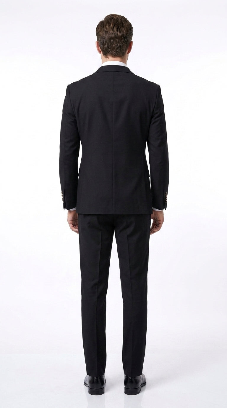 Men’s Black Classic Wool Double-Breasted Suit – Peak Lapel Wedding, Business and Formal Suit