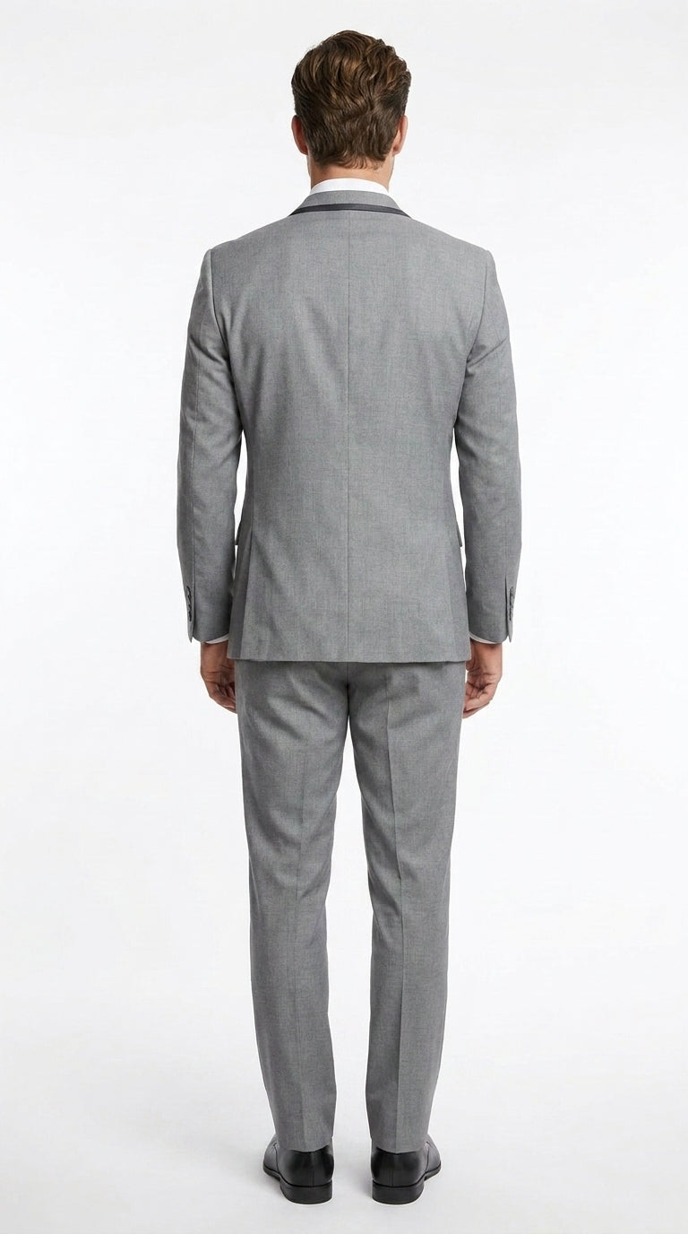 Men’s Grey Trim Tuxedo Suit – Vested Wedding, Prom and Formal Suit with Black Lapel Accents
