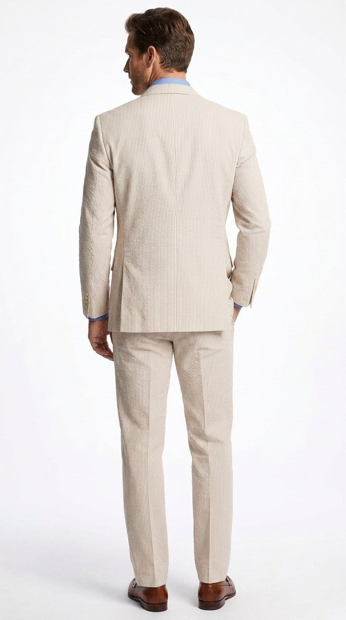 Men’s Tan Pinstripe Seersucker 2-Piece Suit – Lightweight Summer Wedding and Business Suit