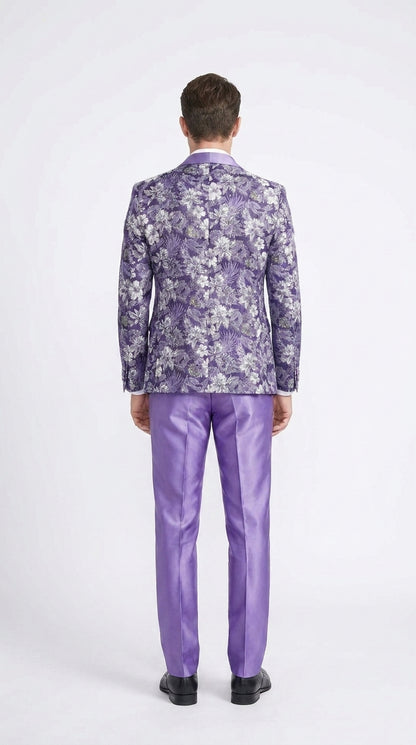 Men’s Purple Floral Prom Tuxedo – Shawl Lapel 3-Piece Wedding and Formal Suit