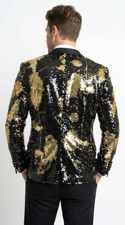 Men’s Black and Gold Reversible Sequin Blazer, Formal Party Dinner Jacket for Prom and Stage Events