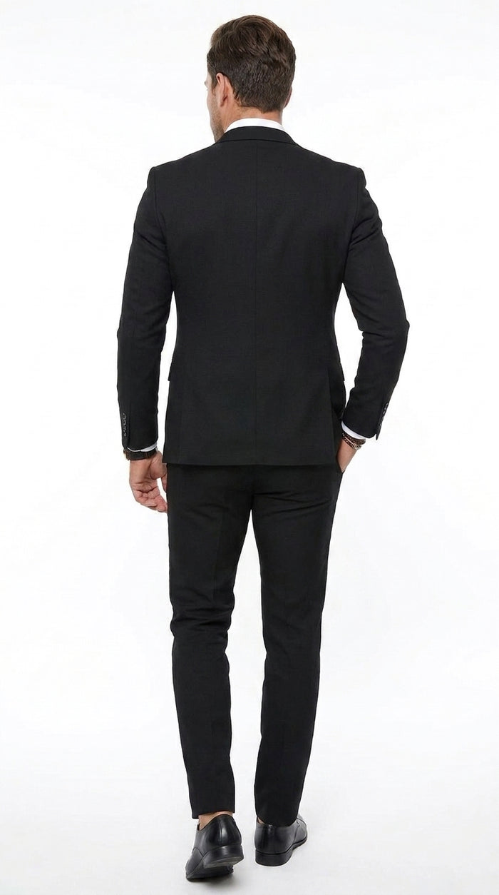 Men’s Black 2 Button Suit with Double Breasted Vest, White Shirt and Black Tie Formal Set