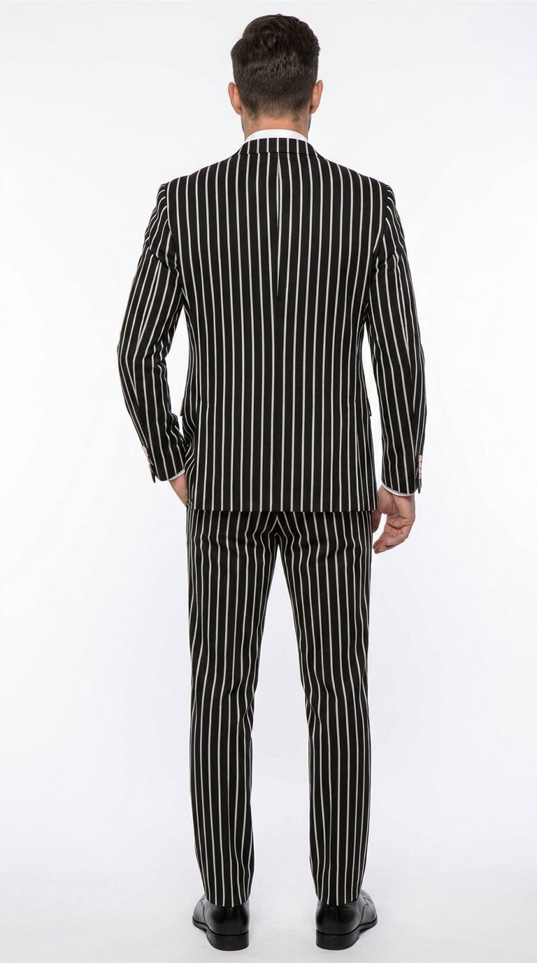 Men’s Black 1920s Bold Pinstripe Gangster Suit with Vest, Vintage Formal Party Dress Suit