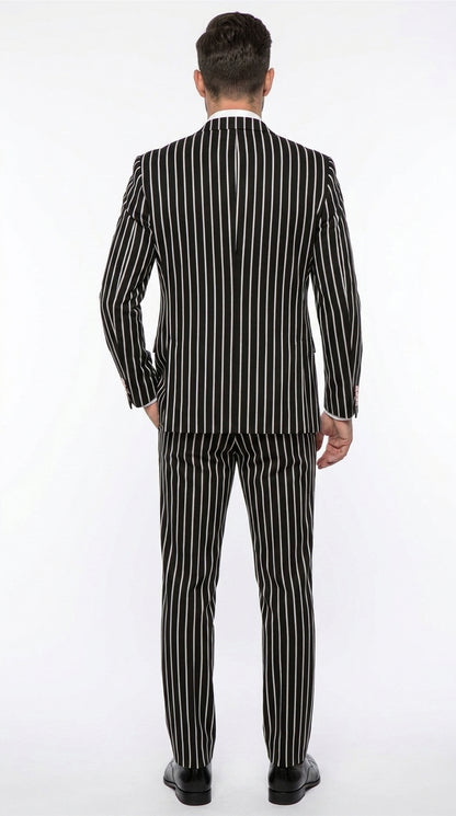 Men’s Black 1920s Bold Pinstripe Gangster Suit with Vest, Vintage Formal Party Dress Suit