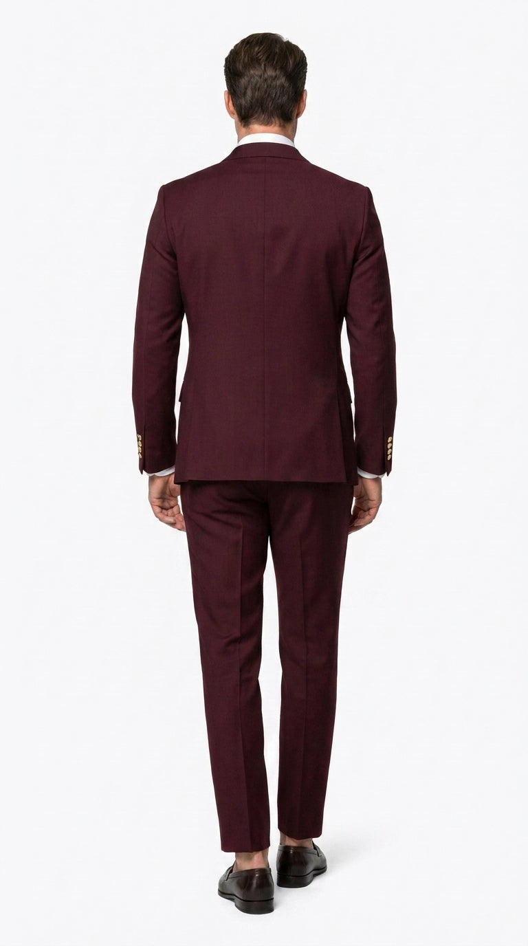 Men’s Burgundy Slim Fit Double Breasted Suit with Gold Buttons, Designer Formal Wedding Suit