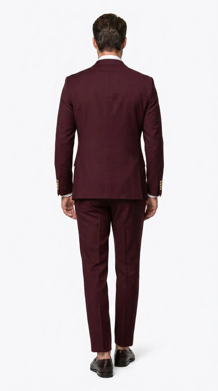 Men’s Burgundy Slim Fit Double Breasted Suit with Gold Buttons, Designer Formal Wedding Suit
