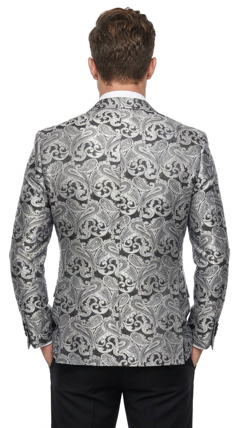 Men’s Silver Grey & Black Paisley Dinner Jacket – Formal Tuxedo Blazer