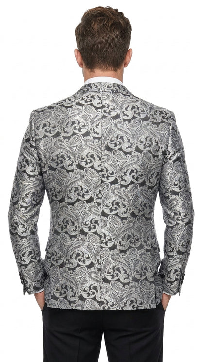 Men’s Silver Grey & Black Paisley Dinner Jacket – Formal Tuxedo Blazer