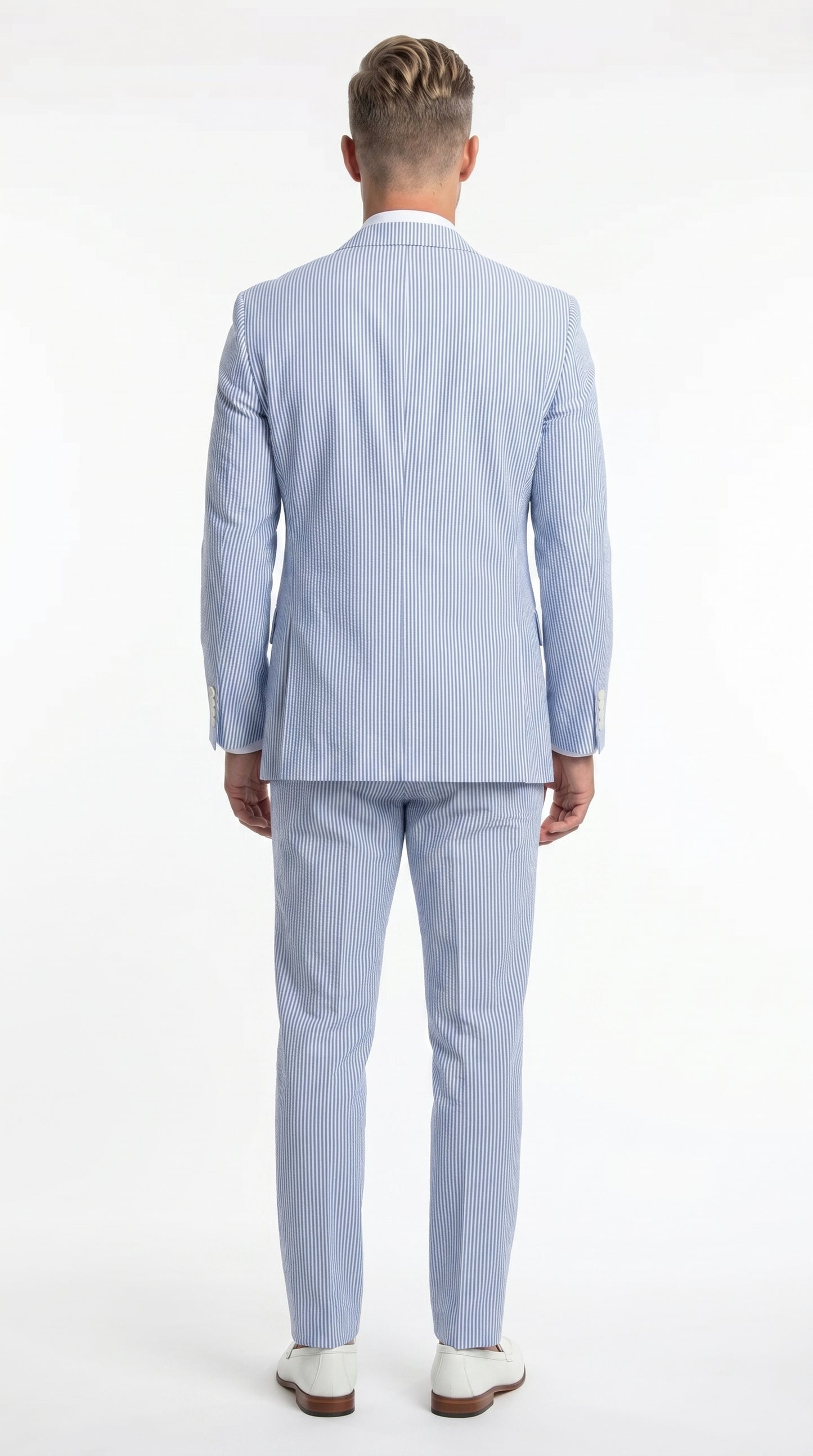 Men’s Light Blue Seersucker Jacket + Pants Suit with 2 Button Jacket, Summer Wedding Formal Dress Suit