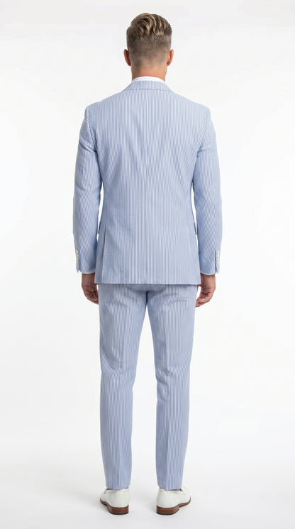 Men’s Light Blue Seersucker Jacket + Pants Suit with 2 Button Jacket, Summer Wedding Formal Dress Suit