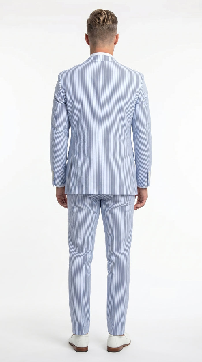 Men’s Light Blue Seersucker Jacket + Pants Suit with 2 Button Jacket, Summer Wedding Formal Dress Suit