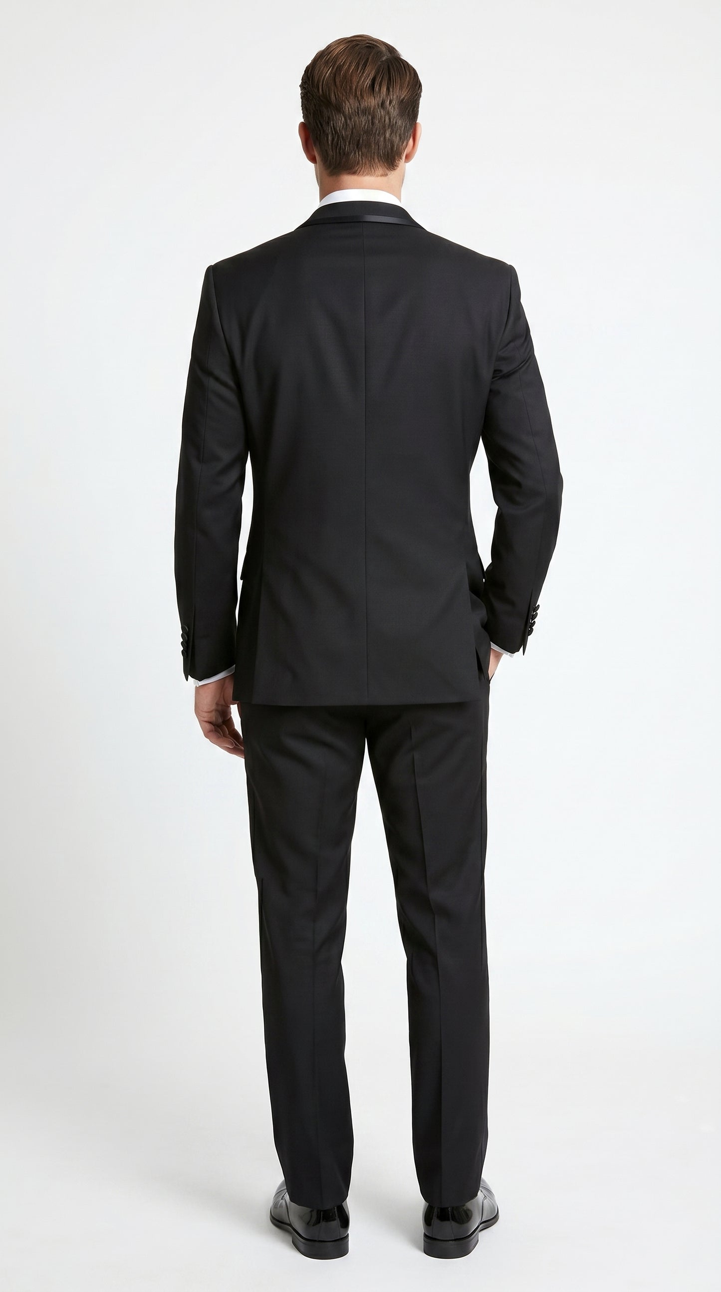 Men’s Black 1 Button Shawl Tuxedo with Black Satin Trim, Formal Wedding Dinner Suit