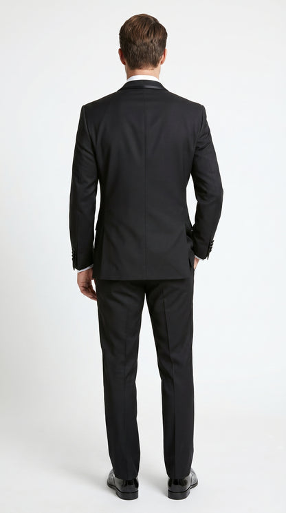 Men’s Black 1 Button Shawl Tuxedo with Black Satin Trim, Formal Wedding Dinner Suit