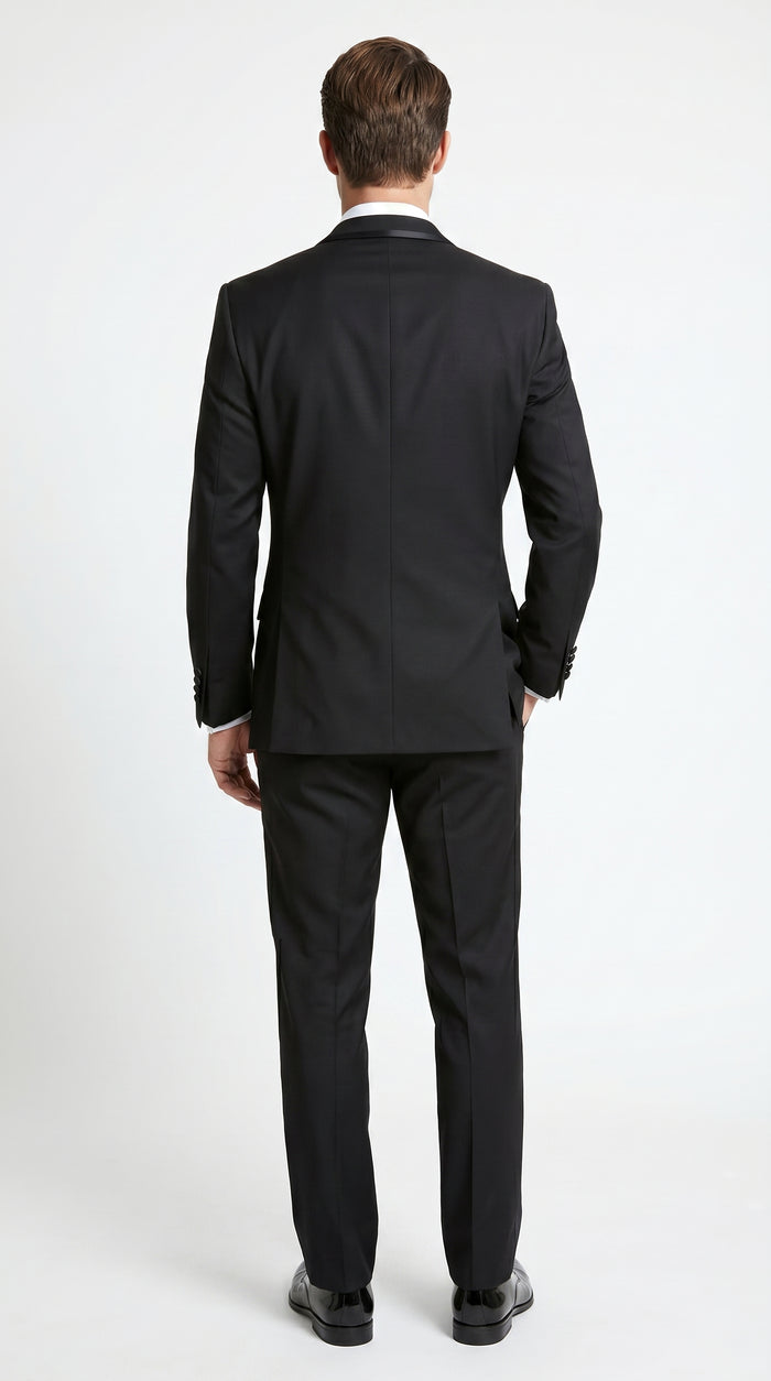 Men’s Black 1 Button Shawl Tuxedo with Black Satin Trim, Formal Wedding Dinner Suit